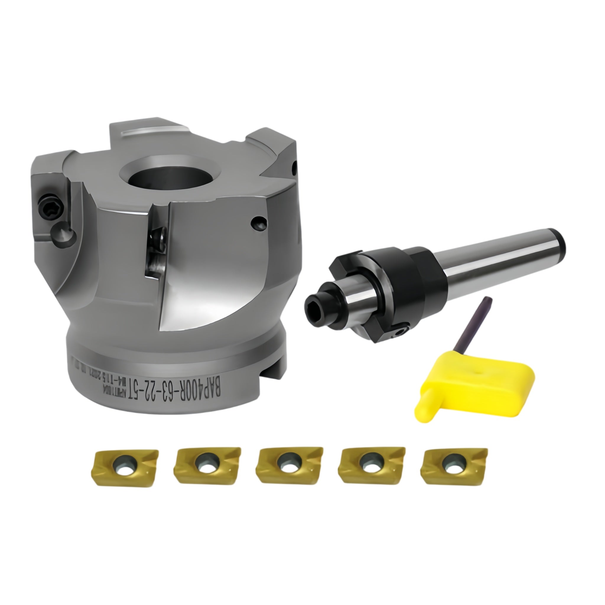 A carbide rotary end mill cutting tool kit featuring a silver-gray carbide mill body, a silver and black shank, five gold-colored coated cutting inserts, and a yellow hex key, displayed on a clean white background.