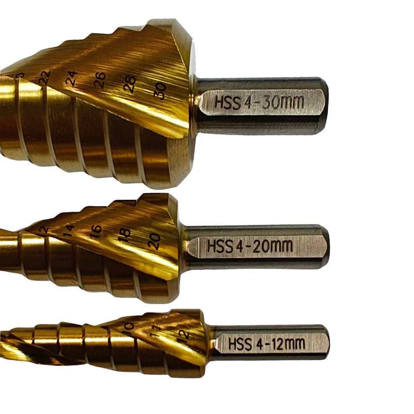 HSS TiN Step Drills 3pc Set 4-12/4-20/4-30mm