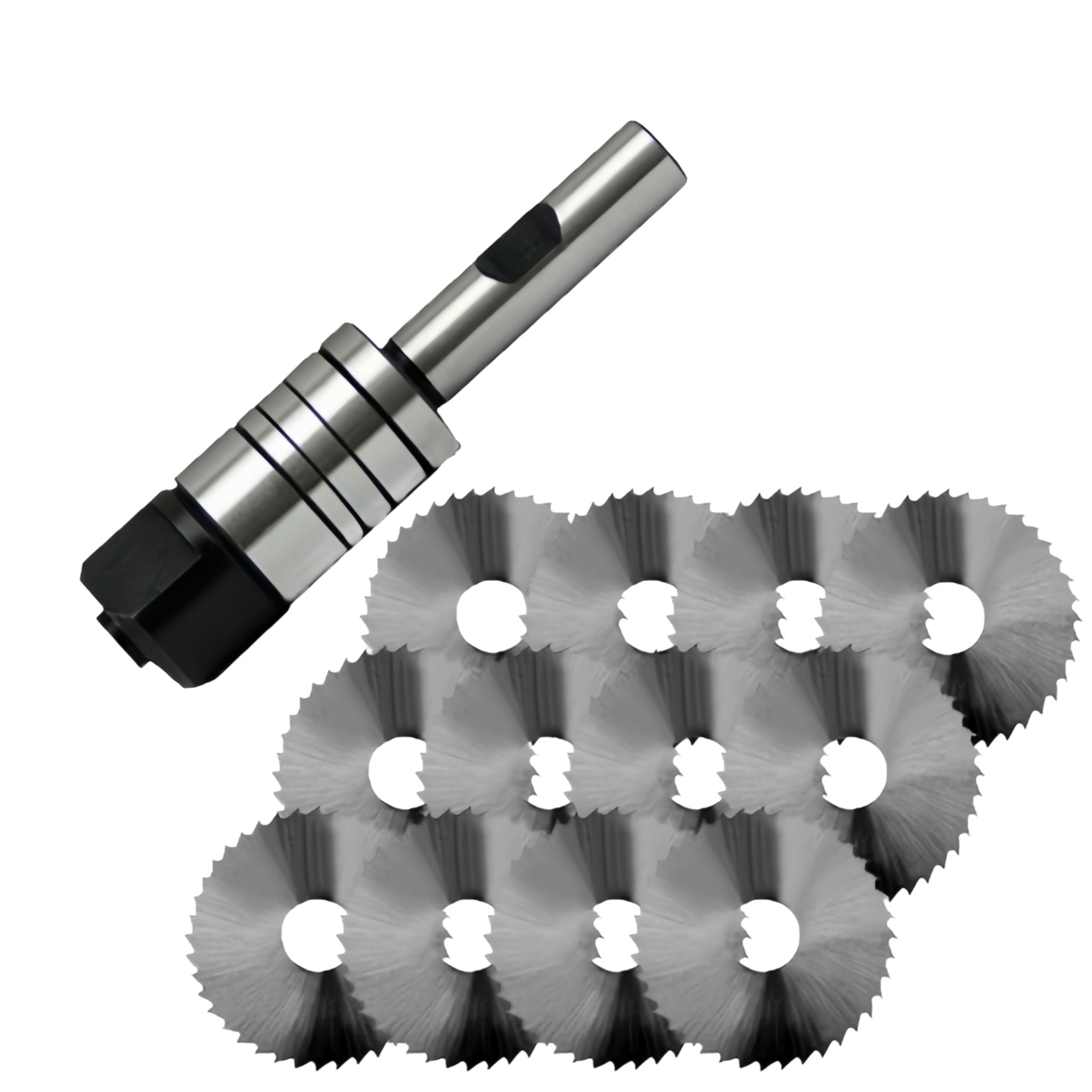 A metal rotary tool with a black end cap shown alongside eight matching circular saw blades on a plain white background.