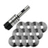 A metal rotary tool with a black end cap shown alongside eight matching circular saw blades on a plain white background.