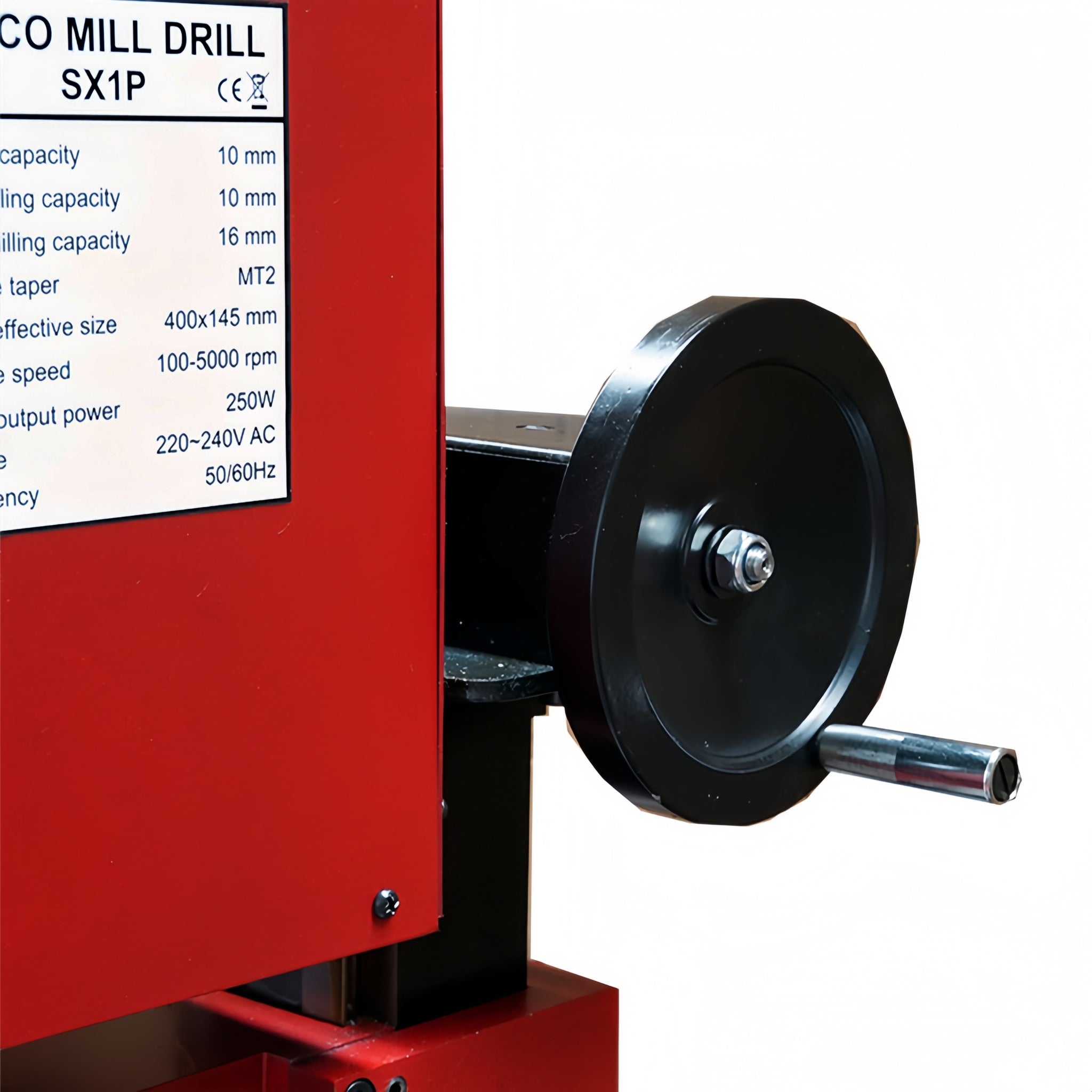 Red milling machine with a black wheel and technical specifications on a white background
